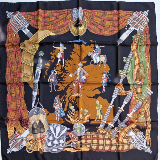 Carré Hermès soie Scotland par Philippe Ledoux 1963