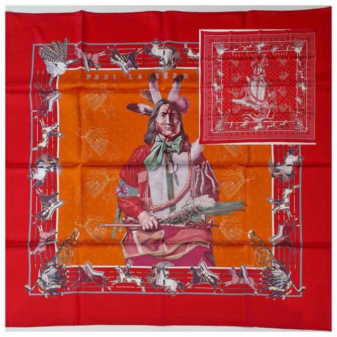 Carré Hermès double face à l'état neuf avec son étiquette L'indien Pani La shar Pawnee par Kermit Oliver – Image 8