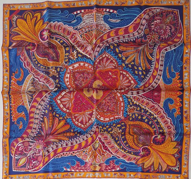 Carré Hermès Le Jardin de la maharani , a été dessiné par Annie Faivre et édité en 2017.