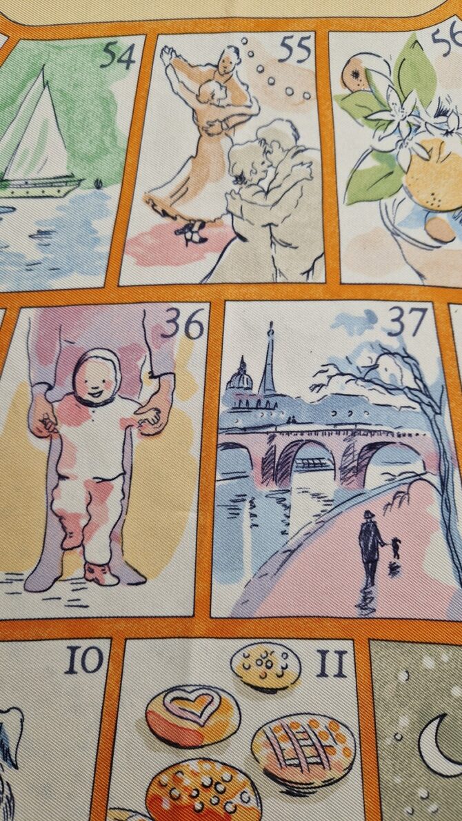Carré Hermès Le jeu des petits bonheurs par Sophie Seynes 2004 livré dans sa boîte – Image 5