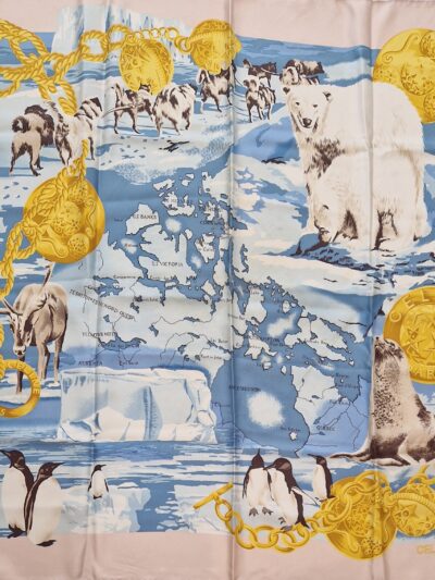 Carré Céline en soie vintage, carte du Canada et animaux polaires – Vintage Céline silk scarf, Canada map and polar animals