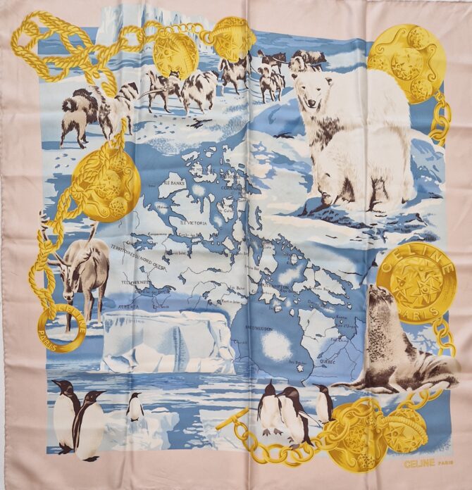 Carré Céline en soie vintage, carte du Canada et animaux polaires – Vintage Céline silk scarf, Canada map and polar animals