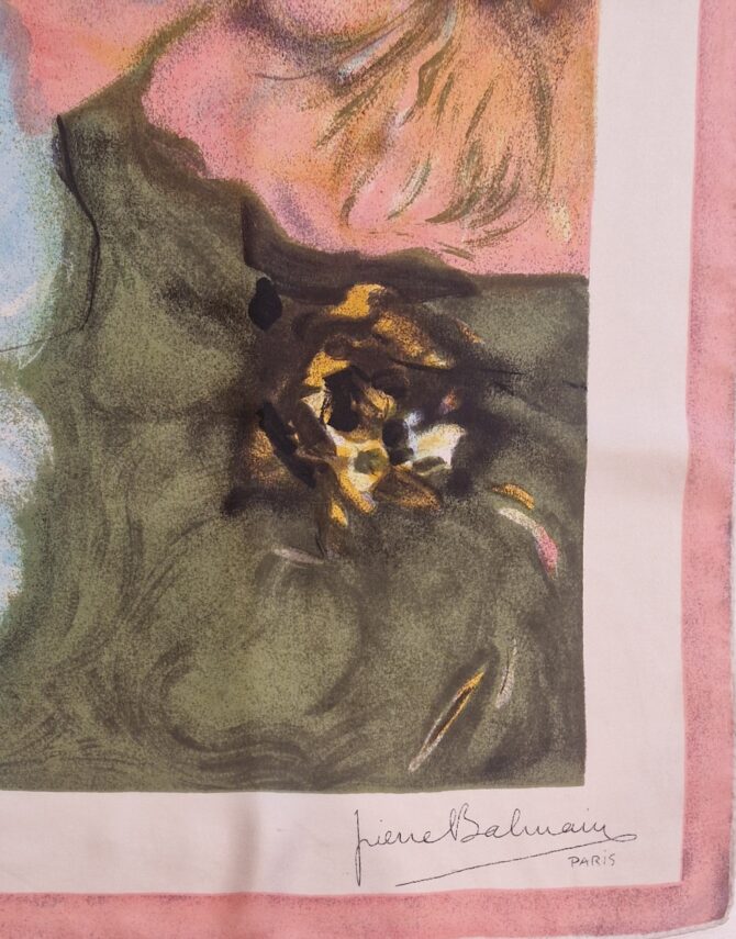 Signature Pierre Balmain Paris sur foulard en soie vintage. EN : Pierre Balmain Paris signature on vintage silk scarf.