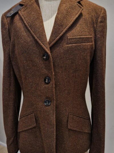 Veste Ralph Lauren en laine marron, vue de face – boutons corne et détails cuir (FR/EN: Ralph Lauren brown wool jacket, front view – horn buttons and leather details)