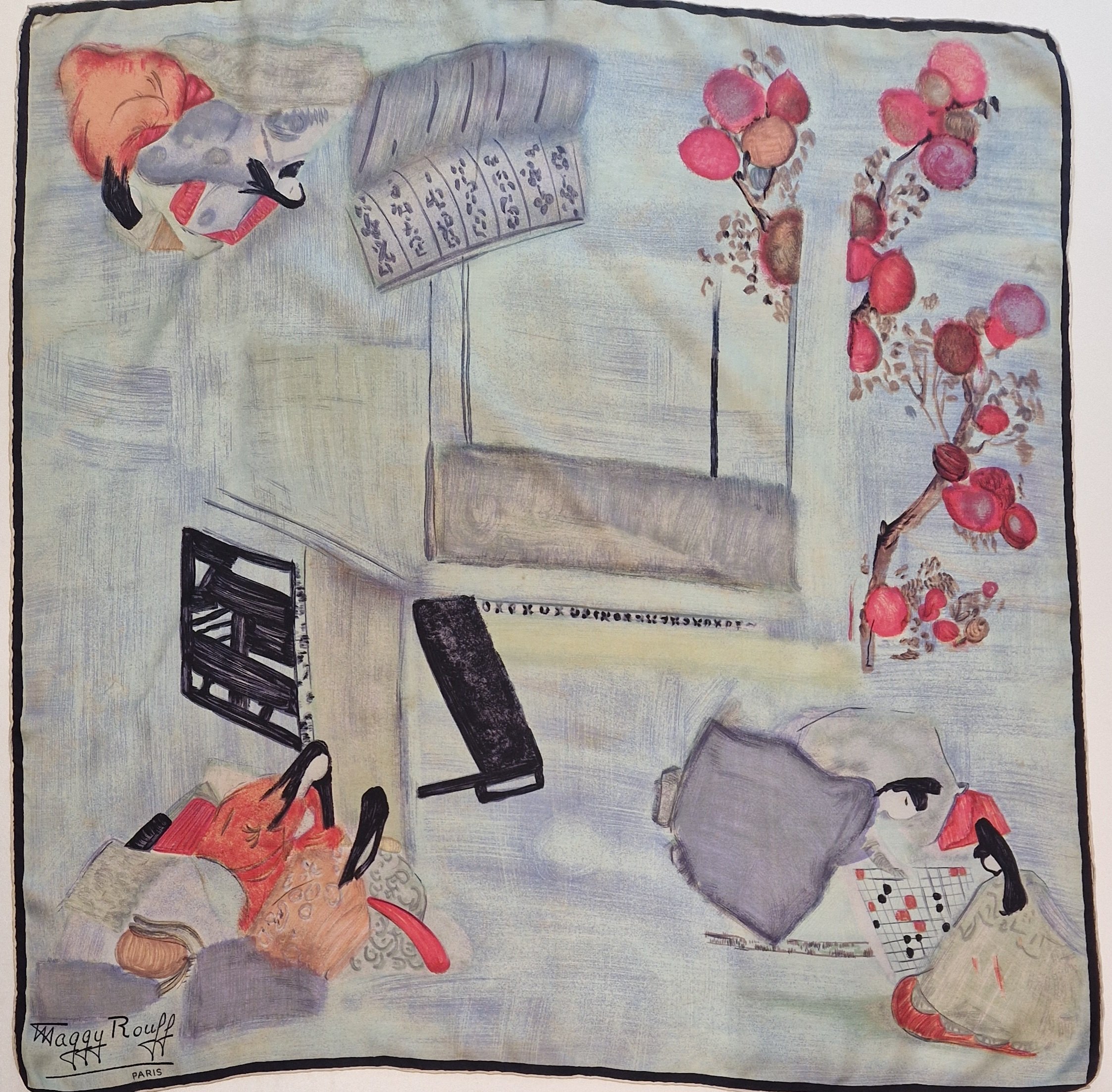 Foulard en soie, scène japonaise , édité par Maggy Rouff Paris