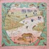 Carré Hermès La Trêve de l’Eau par Robert Dallet, édition 2005, soie rose et verte avec tigres et animaux de la savane.